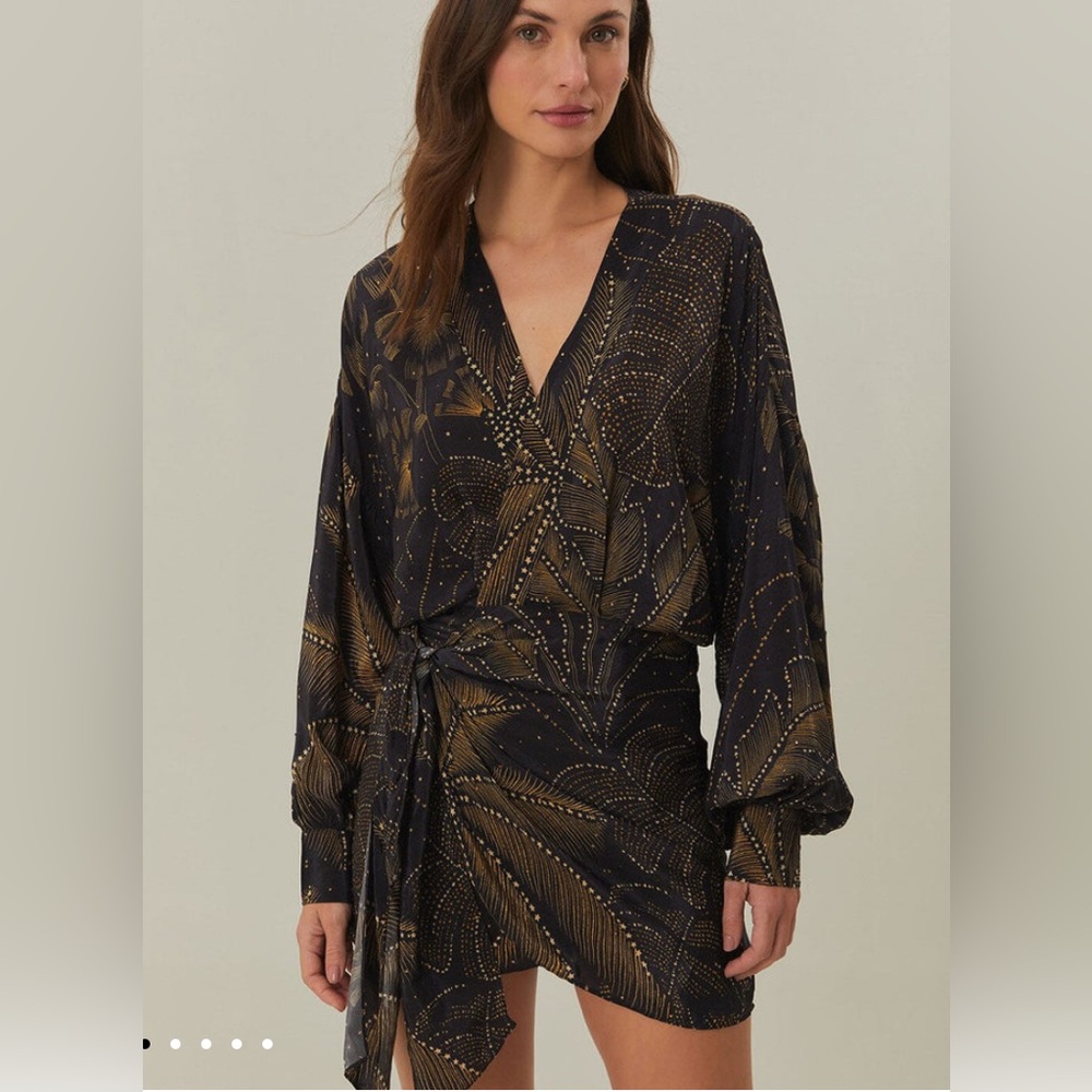 Farm Rio -Black and Gold Patterned Mini Dress